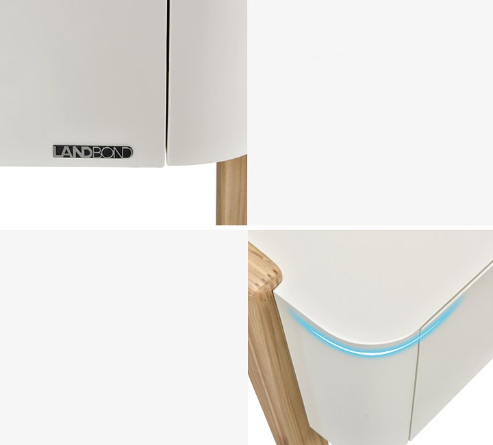 烤漆茶几上品牌logo以及圆弧桌角设计